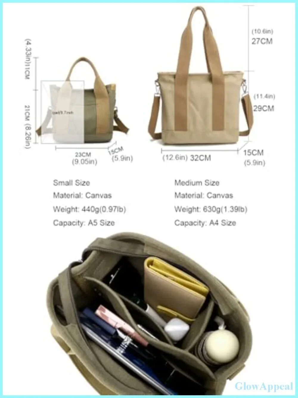 Canvas Tote Bag with Zipper Multi-Pockets Satchel Hobo for Travel Work